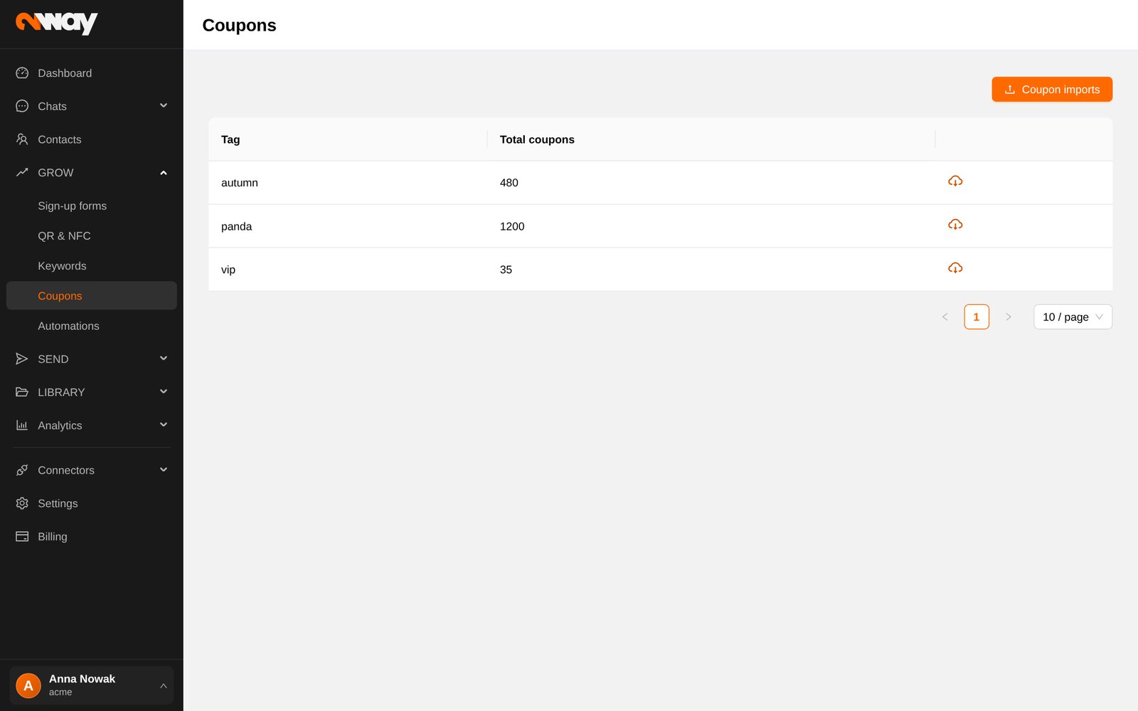 GROW › Coupons: coupon pools by tag with the number of codes left.