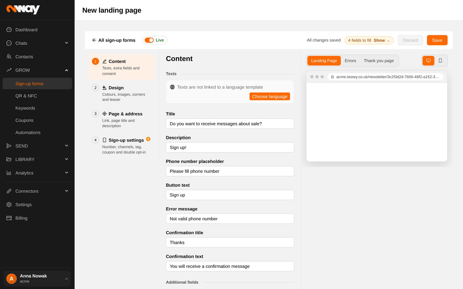 Kreator landing page’a: te same kroki plus adres strony i jej meta tytuł.