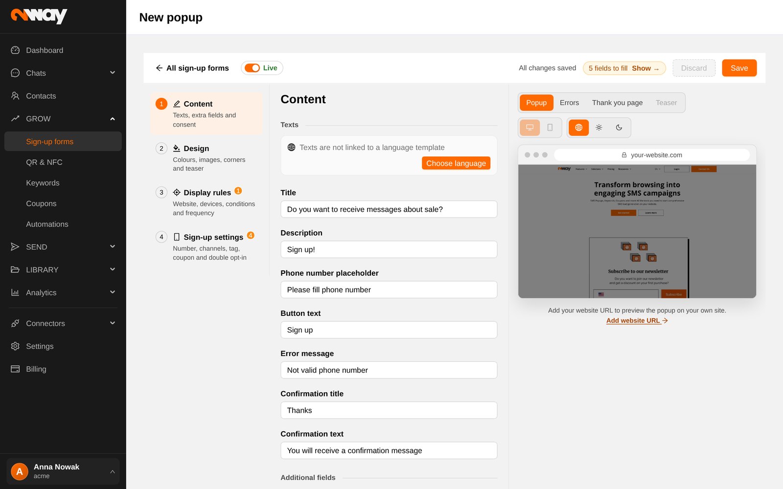 Kreator: kroki po lewej, podgląd na żywo po prawej (komputer / telefon).