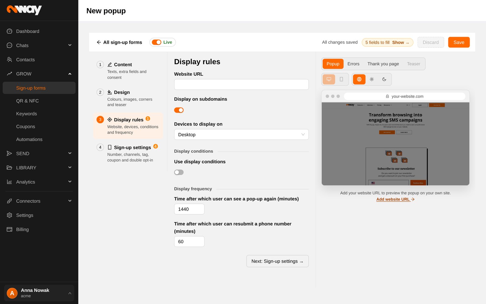 Reguły wyświetlania decydują, gdzie, komu i jak często pokazuje się pop-up.