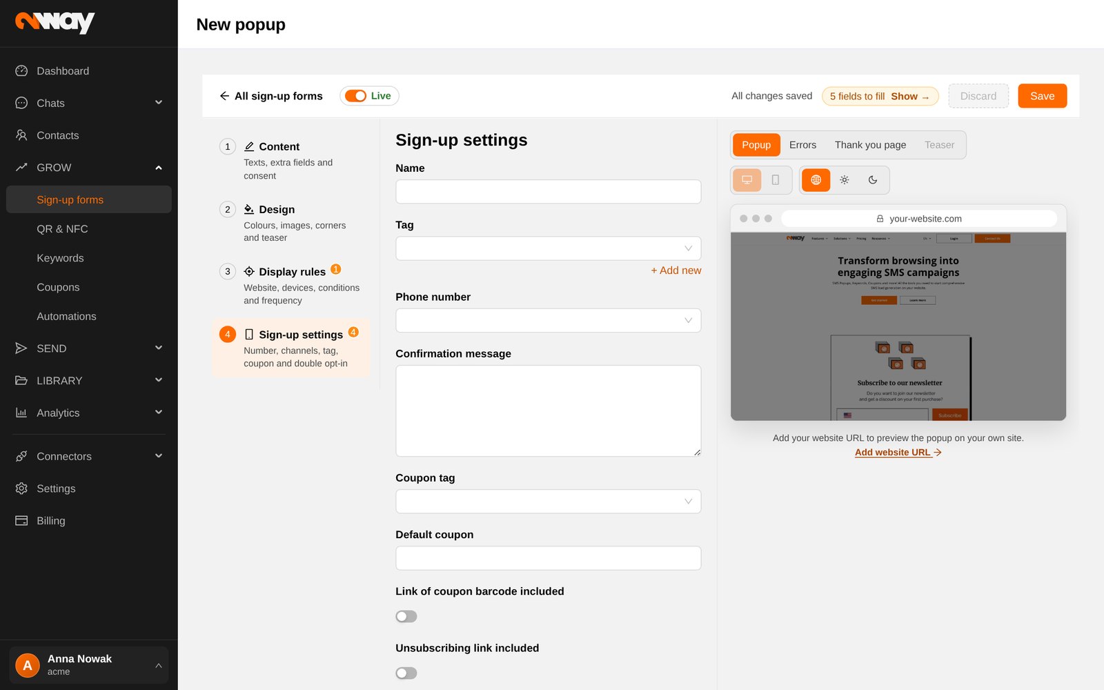 Ustawienia zapisu: tag, numer nadawcy, wiadomość potwierdzająca i kupon.